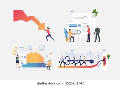 Work on project illustration set. Business people resisting decrease graph, studying diagrams, opening door together. Business concept. Vector illustration for posters, presentations, landing pages