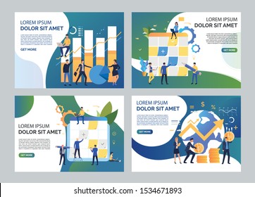 Work on project illustration set. Team sticking notes on planning board, analyzing growth charts. Business concept. Vector illustration for topics like finance, startup marketing