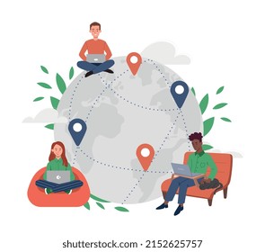 Work on project. Men and women with laptops sitting next to large globe. Metaphor of globalization and development of technologies, innovation and digital world. Cartoon flat vector illustration