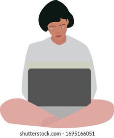 Work on quarantine. girl with laptop sitting on thefloor. Freelance or studying concept. Cute illustration in flat style. 