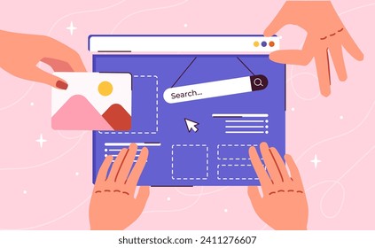 Work on site concept. UI and UX elements for webpage. Team of grahic designers create template for page. Creative colleagues. Cartoon flat vector illustration isolated on pink background