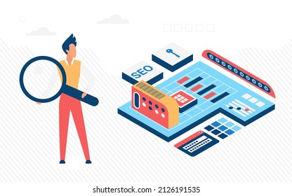 Work on site performance, speed of web technology, application development. Man software architectures creating computer programs, vector design