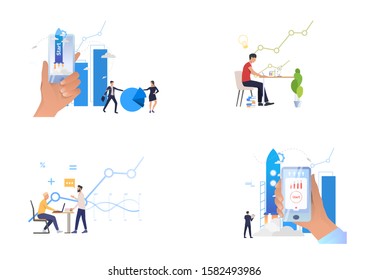 Work on startup set. Entrepreneurs analyzing reports, launching rockets. Flat vector illustrations. Business, new project concept for banner, website design or landing web page