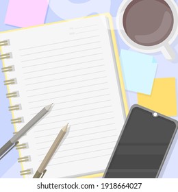 Work on table. Note, pens, smartphone and coffee. Vector illustration set.