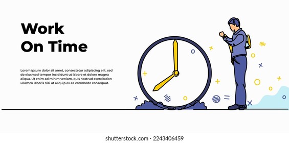 Work on time web banner. Vector illustration of man standing setting clock. Modern flat in continuous line style.