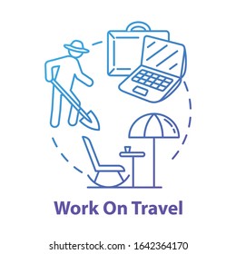 Work on travel concept icon. Vacation job, affordable tourism idea thin line illustration. Budget vacation. Seasonal side job on holidays. Vector isolated outline RGB color drawing