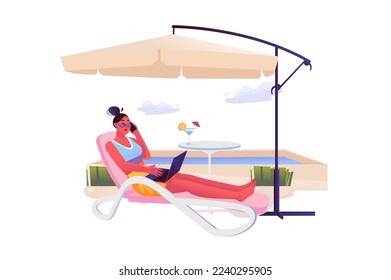 Arbeiten Sie an einem Ferienkonzept mit Menschen-Szene in flachem Design. Vektorgrafik