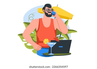 Work on vacation concept with people scene in the flat cartoon design. Man solves work affairs on the beach with cocktails during vacation. Vector illustration.