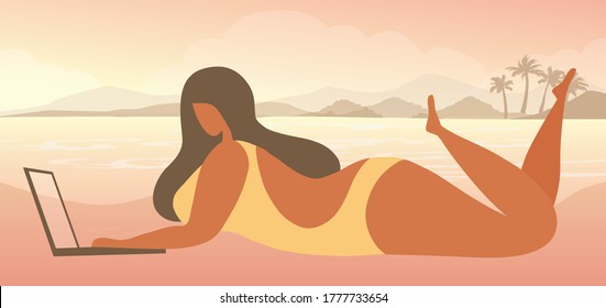 Work on vacation concept. Plus size woman using laptop on the beach holidays summer background vector illustration. Summer time concept 