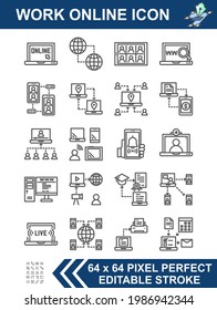 Work Online by computers, smartphones, and laptops remotely. Editable stroke. 64 x 64 pixel perfect. Vector illustrator thin line icon.