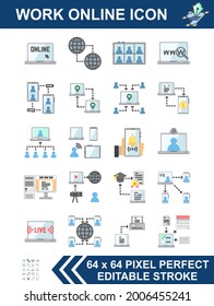 Work Online by computers, smartphones, and laptops remotely. Editable stroke. Vector illustrator Flat icon.
