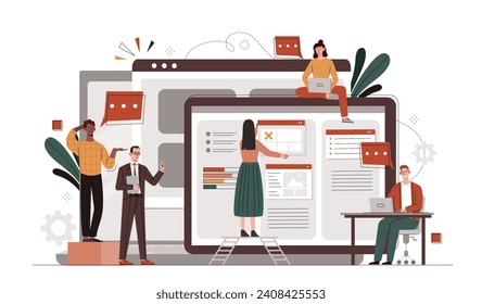 Work online communication concept. Men and women work at common project. Organizing effective work process. Workers and employees with start up statistics. Cartoon flat vector illustration