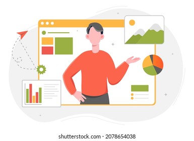 Work online concept. Man sets up browser code programmer copywriter freelancer. Modern technologies, digital world, free graphics, business people, design. Cartoon flat vector illustration