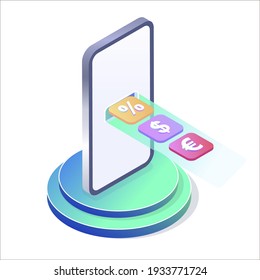Trabajar en línea. Ganar, recibir dinero en línea. Euro, dólar, porcentaje de iconos. Plantilla para un sitio web. Isometric vector ilustración