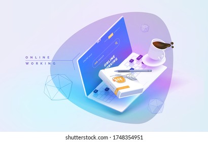 Work online. Freelancer workplace. Isometric laptop on the table with flying elements, book, pen, cup of coffee. Web application for job search. Modern vector illustration.