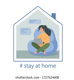 Work online from home during quarantine. Woman with a computer in an armchair. Freelancer or training. Cute vector in a flat style. Social distancing and self-isolation during corona virus COVID-19.