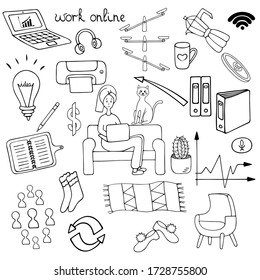 Work online. Home Office. Set of vector elements. Outline on an isolated white background. Doodle style. Sketch. Coloring book for children. Business collection. Lettering. Stay safe. Freelance. 