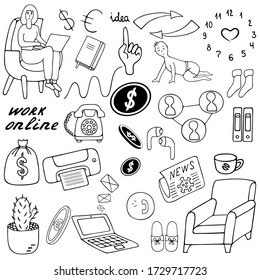 Work online. Home Office. Set of vector elements. Outline on an isolated white background. Doodle style. Sketch. Coloring book for children. Business collection. Lettering. Stay safe. Freelance. 