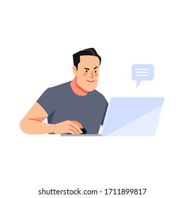 Work online from home. Smiling man using laptop at home in living room. Happy mature businessman send email and working at home. Cartoon style vector illustration.