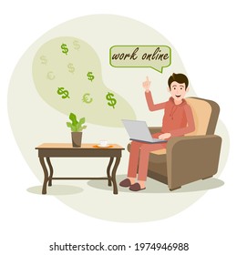 Work online. A man works on a laptop at home on the Internet. A person makes money on the Internet.  Vector illustration of a character for animation. Editable strokes. All details on separate layers