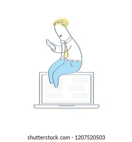 Work online, networking, chatting. Cartoon man sitting on the laptop or notebook, surfing web using mobile gadget. Flat outline vector illustration.