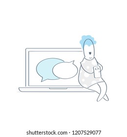 Work online, networking, chatting, messaging. Cute cartoon woman sitting on the laptop or notebook, surfing web using smartphones. Chat bubbles on computer display. Flat outline vector illustration.