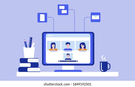 Trabajar en línea en una laptop, videochat con socios de negocios o estudiar en línea en casa. Concepto de trabajo remoto. Ilustración del vector EPS 10