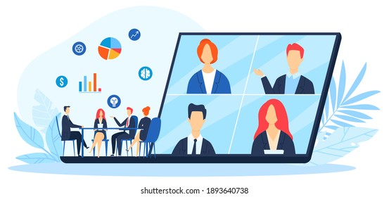 Work Online, Virtual Office With Business People Working Together And Mobile Devices Vector Illustration. Business Management, Online Communication And Finance. Workers In Internet.