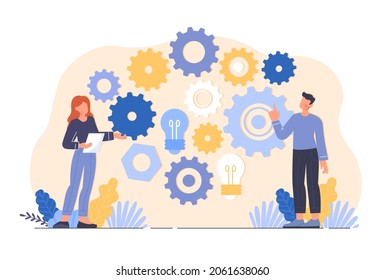 Work operations and teamwork productivity. Company employees start mechanism and start working on project or task. Company management. Cartoon flat vector illustration isolated on white background