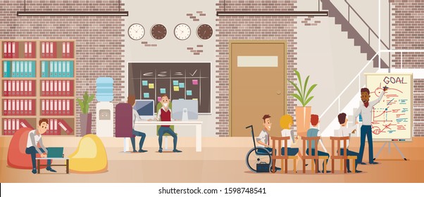 Work Opportunities for People with Disabilities Trendy Flat Vector Concept. Company Employee in Wheelchair Discussing and Planing Business Strategy on Meeting with Colleagues in Office Illustration