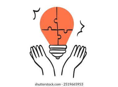 Work organisation management doodle line drawing. Business solution. Light bulb. Hands assemble together jigsaw puzzle pieces. Business and corporate communication between coworkers, manager and team.