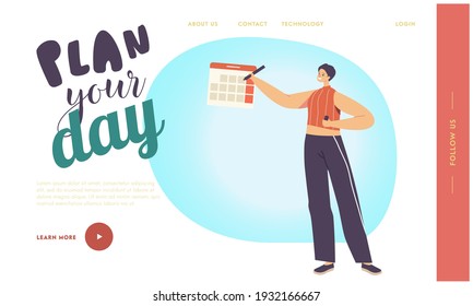 Work Organization and Life Events Notification, Memo Reminder, Work Plan Landing Page Template. Female Character Circle Date on Calendar Planning Day. Time Management. Cartoon Vector Illustration