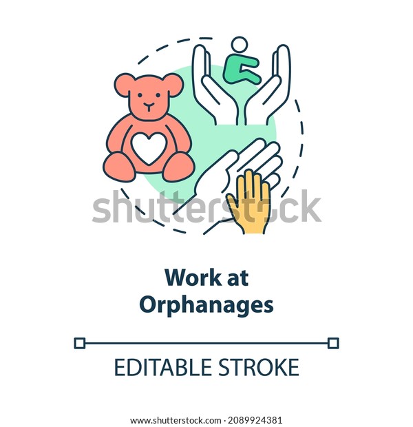 Work at orphanages concept icon. Volunteering help\
for kids. Support youth by donation, work abstract idea thin line\
illustration. Vector isolated outline color drawing. Editable\
stroke