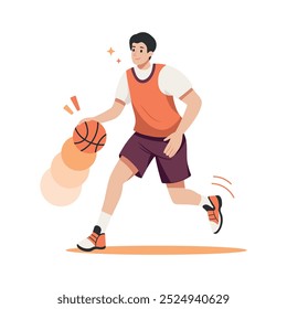 Cuide do jogador de basquete com bola. Homem feliz ativo em sportswear jogando basquete, treinamento. Atividade saudável. Ilustração de vetor plano isolada em fundo branco.