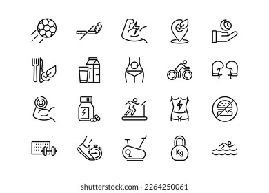 Work out, gym, fitness, and sports lines icon set. Setting genres and attributes. Linear design. Lines with editable stroke. Isolated vector icons.