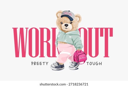 Workout-Slogan mit Girlbär in Pastellfarben Athleisure Stil Vektorgrafik