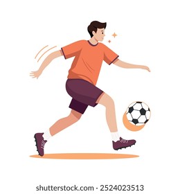 Ejercita a un jugador de fútbol. Chico corriendo, pateando una pelota. Niño feliz activo en ropa deportiva jugando fútbol, entrenando. Actividad saludable. Ilustración vectorial plana aislada sobre fondo blanco.