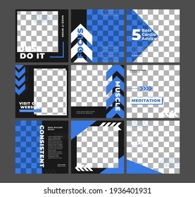 Work Out sporty social media post template with black color and blue overlay. Perfect for sport center, gym and sport event