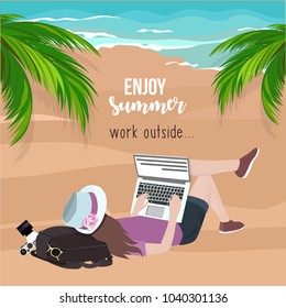Work outside. Traveler freelancer on sand beach near the sea. Vector illustration. Summer background.