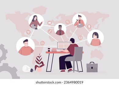 El concepto de subcontratación de trabajo y teletrabajo. Tercerización de procesos de negocio, colocación externa, trabajo independiente. Equipo de servicios de externalización fuera de la organización de la empresa. Personas que se conectan en línea, trabajo remoto.