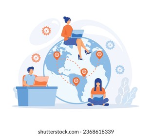 Work outsourcing and telecommuting concept. Business process outsourcing, outplacement, offshore software development, flat vector modern illustration