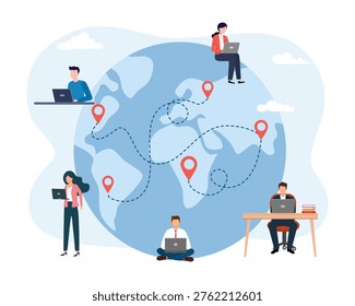 Work outsourcing and telecommuting concept. Business process outsourcing, outplacement, offshore software development, freelance job, and recruitment company.