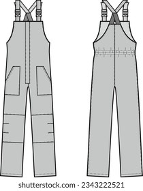 Work overall flat sketch. Working jumpsuit apparel design. Front and back. Men CAD mockup. Fashion technical drawing template. Vector illustration.