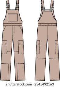 Work overall jumpsuit flat sketch. Working overall apparel design. Front and back. Men CAD mockup. Technical drawing template. Vector illustration.