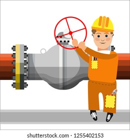 Work in overalls standing next to the pipeline and turns the valve. Cartoon character. Vector illustration