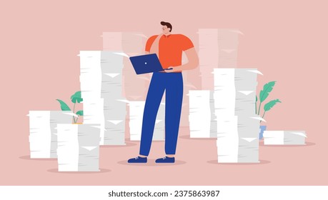 Work overload - Busy person in office with lots of paperwork standing with computer thinking about having way to much to do. Flat design vector illustration