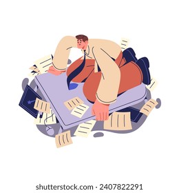 Work overload concept. Depressed office worker stress with lots of documents, papers. Tired employee swimming, floating in paperwork overflow. Flat isolated vector illustration on white background