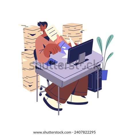 Work overload concept. Tired office worker gets new online offer, task. Employee between paper stacks stress, exhausted with paperwork burden. Flat isolated vector illustration on white background