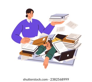 Work overload, paperwork concept. Employee in pile of business papers, documents clutter at desk. Tired worker under boss pressure, hard workload. Flat vector illustration isolated on white background