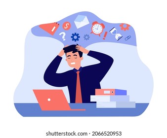 Work Overload Of Tired Employee Working Lot In Office. Excess Of Paperwork For Overwhelmed Man Flat Vector Illustration. Burnout, Multitasking Concept For Banner, Website Design Or Landing Web Page